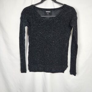 Express Womens Long Sleeve Shimmer Open Knit Top Sz‎ XS/1P Black